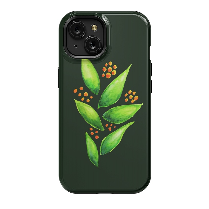 iPhone 15 StrongFit Abstract watercolor green plant with orange berries by Boriana Giormova