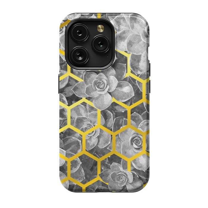 iPhone 15 Pro StrongFit Black and White Succulent Gold Geometric by Alemi
