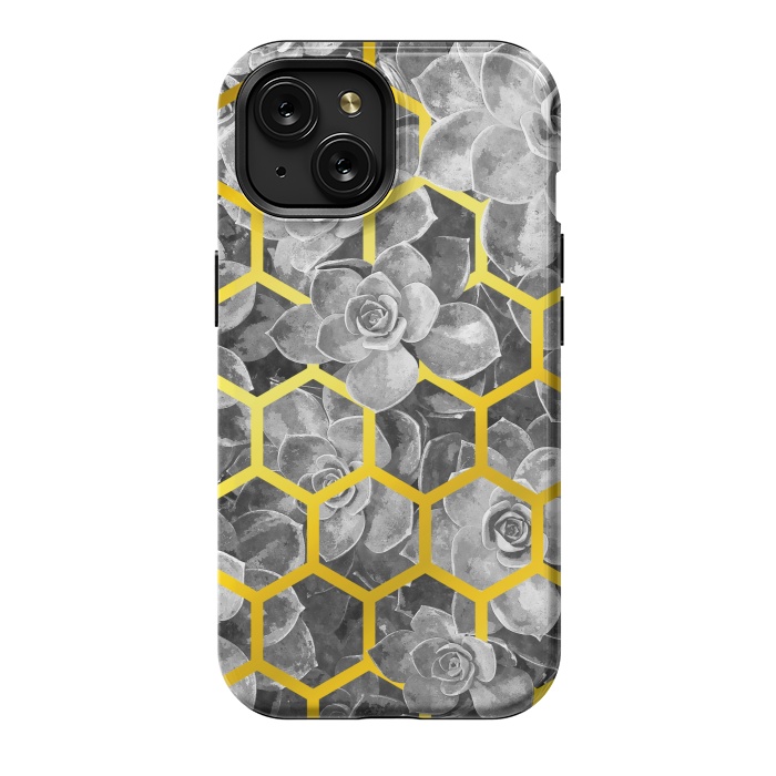 iPhone 15 StrongFit Black and White Succulent Gold Geometric by Alemi