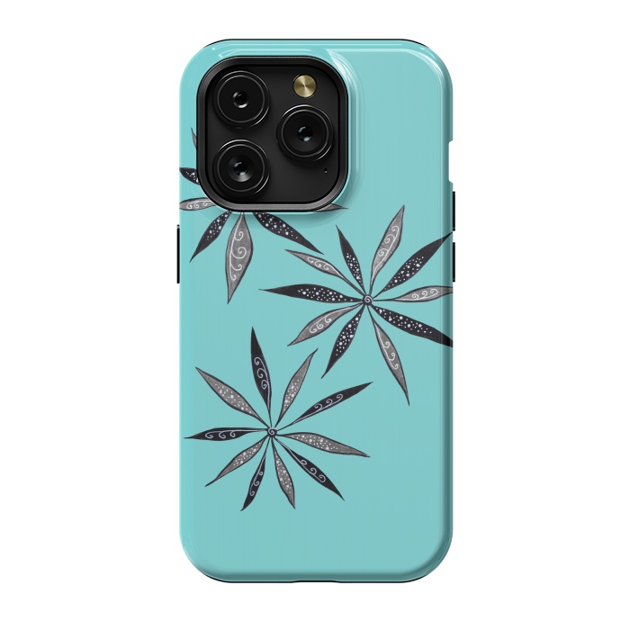 iPhone 15 Pro StrongFit Elegant Thin Flowers With Dots And Swirls On Blue by Boriana Giormova