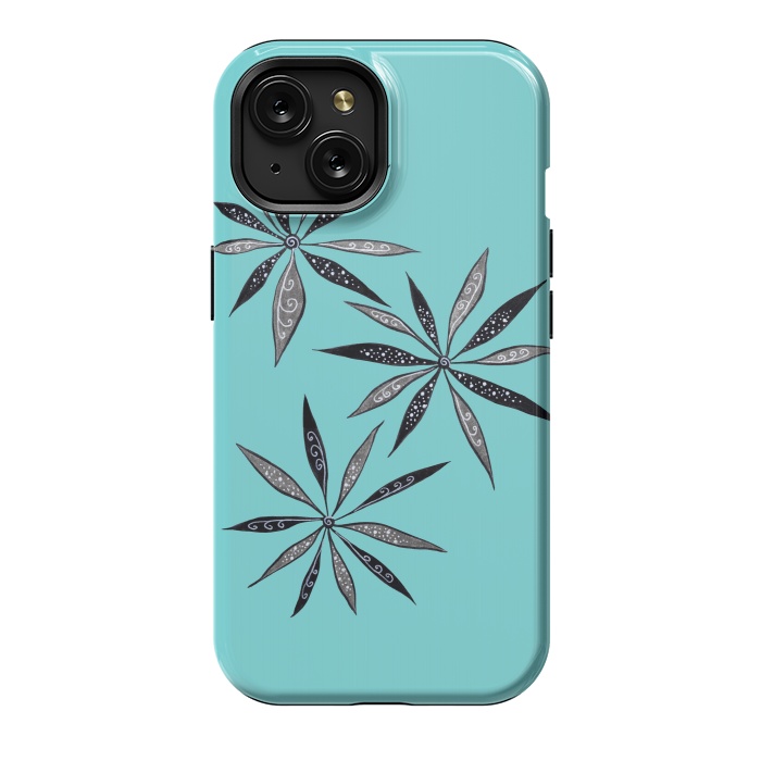 iPhone 15 StrongFit Elegant Thin Flowers With Dots And Swirls On Blue by Boriana Giormova
