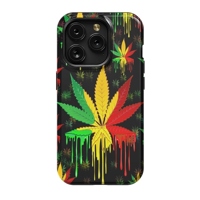 iPhone 15 Pro StrongFit Marijuana Leaf Rasta Colors Dripping Paint by BluedarkArt
