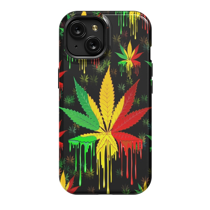 iPhone 15 StrongFit Marijuana Leaf Rasta Colors Dripping Paint by BluedarkArt