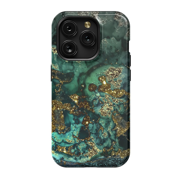 iPhone 15 Pro StrongFit Indigo Green and Gold Glitter Ink Marble by  Utart