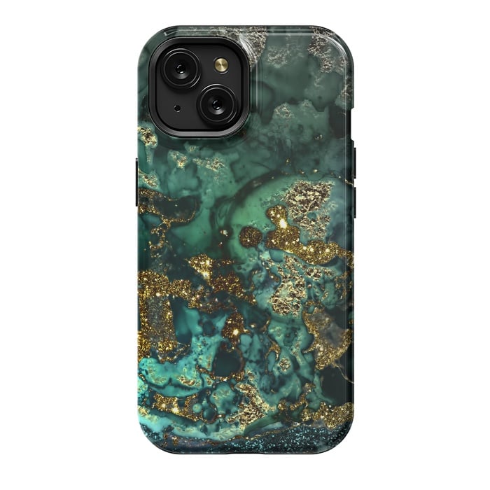 iPhone 15 StrongFit Indigo Green and Gold Glitter Ink Marble by  Utart