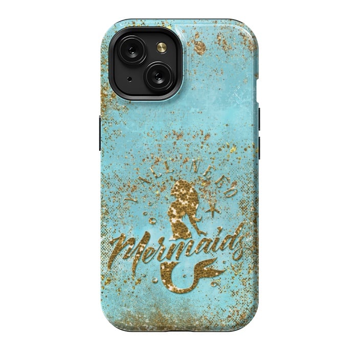 iPhone 15 StrongFit We all need mermaids - Teal and Gold Glitter Typography  by  Utart