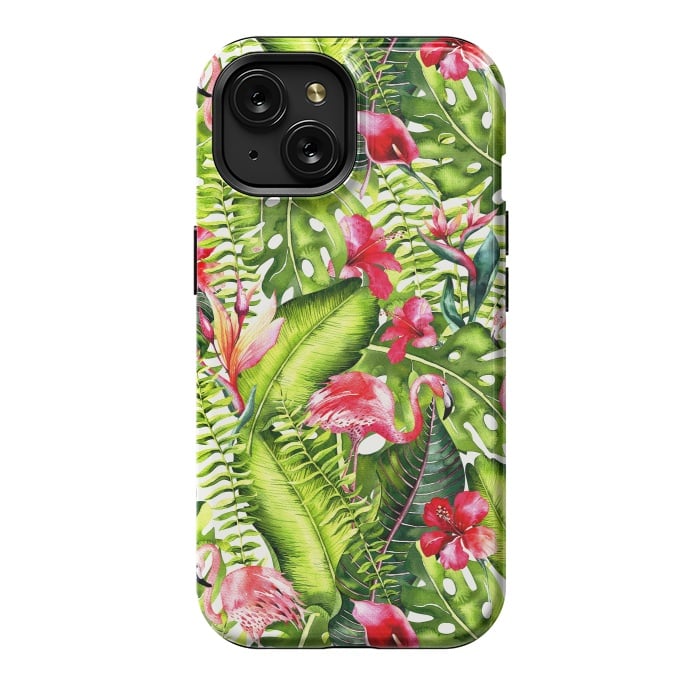 iPhone 15 StrongFit Flower Jungle and Flamingo  by  Utart