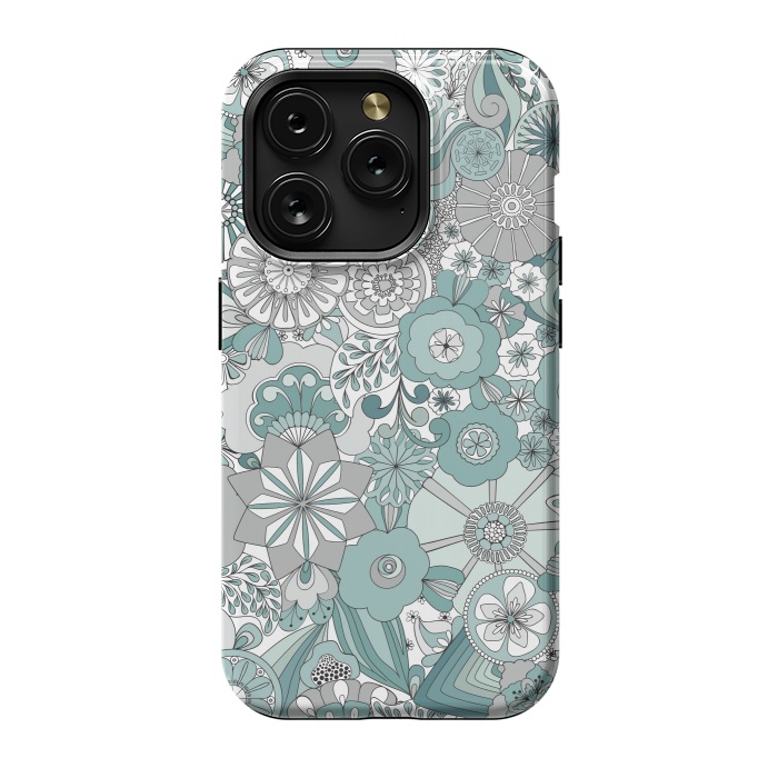 iPhone 15 Pro StrongFit Flowers, Flowers Everywhere Teal and Gray by Paula Ohreen