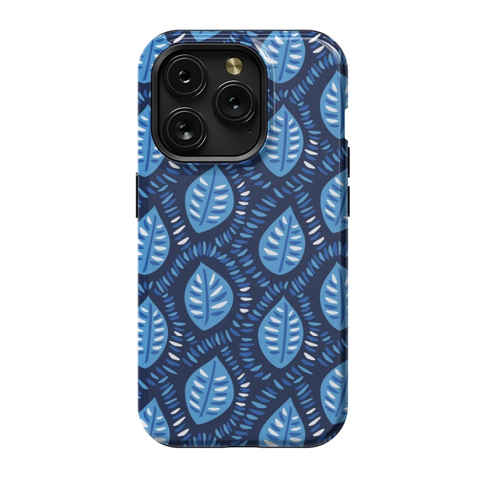 iPhone 15 Pro StrongFit Blue Decorative Geometric Leaves Pattern by Boriana Giormova