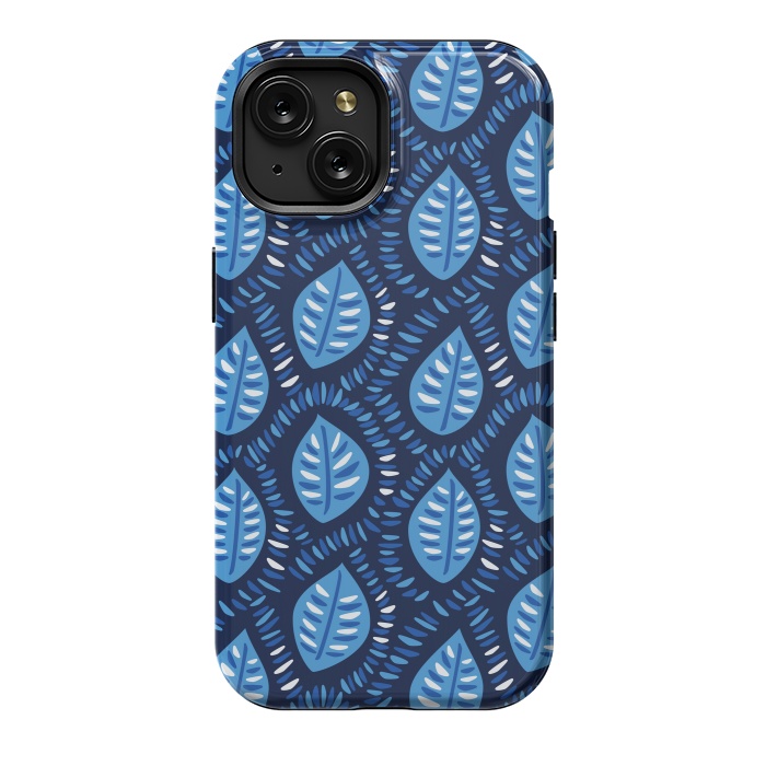 iPhone 15 StrongFit Blue Decorative Geometric Leaves Pattern by Boriana Giormova