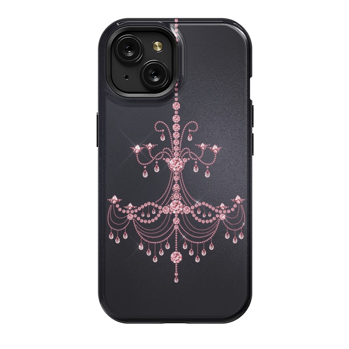 iPhone 15 StrongFit Pink sparkling chandelier on metal black  by  Utart