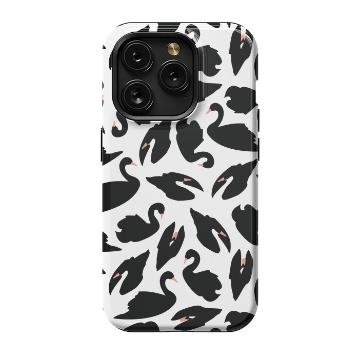 iPhone 15 Pro StrongFit Black Swan Pattern on White 031 by Jelena Obradovic