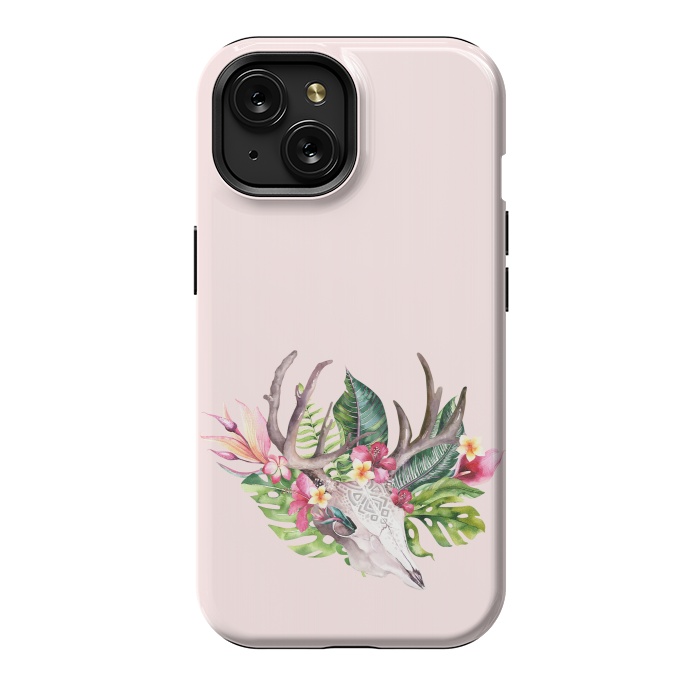 iPhone 15 StrongFit BOHO  Skull with tropical flowers and foliage by  Utart