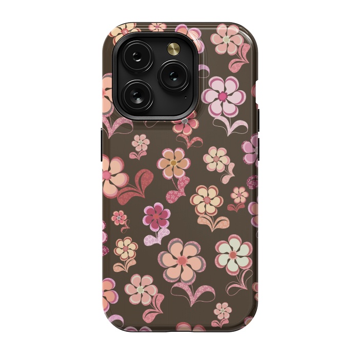 iPhone 15 Pro StrongFit 60s Flowers on Chocolate Brown by Paula Ohreen