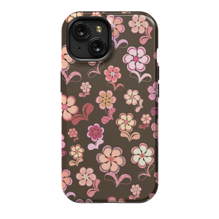 iPhone 15 StrongFit 60s Flowers on Chocolate Brown by Paula Ohreen