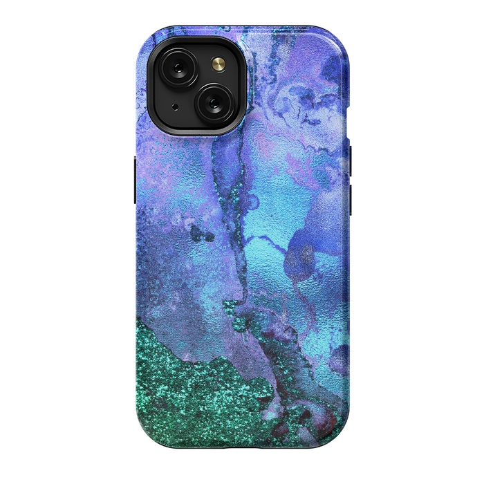 iPhone 15 StrongFit Blue and Green Glitter Ink Marble by  Utart