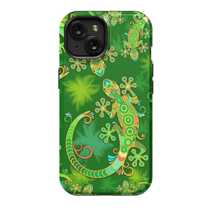 iPhone 15 StrongFit Gecko Lizard Colorful Tattoo Style by BluedarkArt