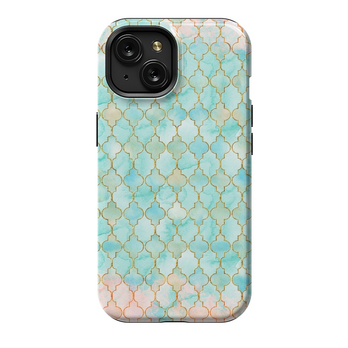 iPhone 15 StrongFit Multicolor Teal Pink Moroccan Shapes Pattern  by  Utart
