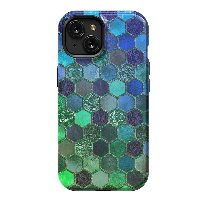 iPhone 15 StrongFit Green and Blue Metalic Honeycomb Pattern by  Utart