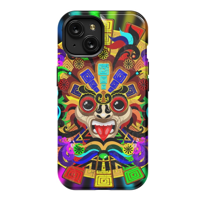 iPhone 15 StrongFit Aztec Warrior Mask Rainbow Colors by BluedarkArt