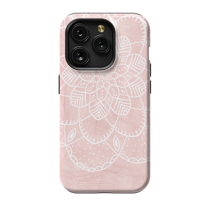 iPhone 15 Pro StrongFit White Mandala on Pink Faux Marble by  Utart