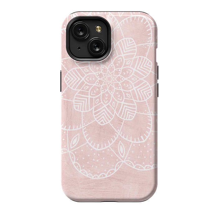 iPhone 15 StrongFit White Mandala on Pink Faux Marble by  Utart