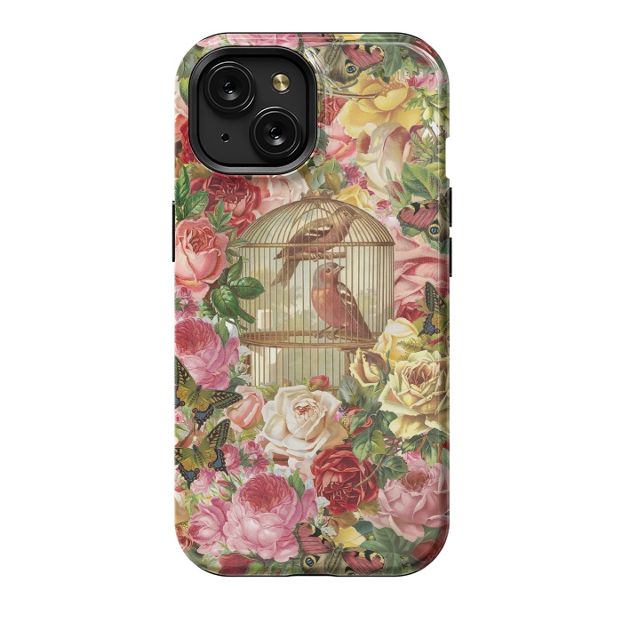 iPhone 15 StrongFit Vintage Bird Cage and Flowers by Andrea Haase