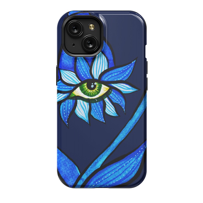 iPhone 15 StrongFit Blue Staring Creepy Eye Flower by Boriana Giormova