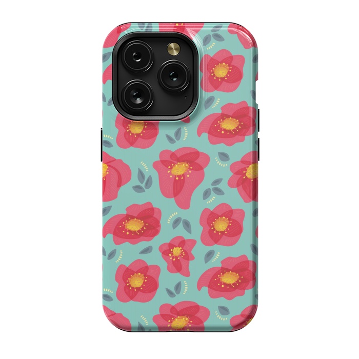 iPhone 15 Pro StrongFit Pretty Flowers With Bright Pink Petals On Blue by Boriana Giormova