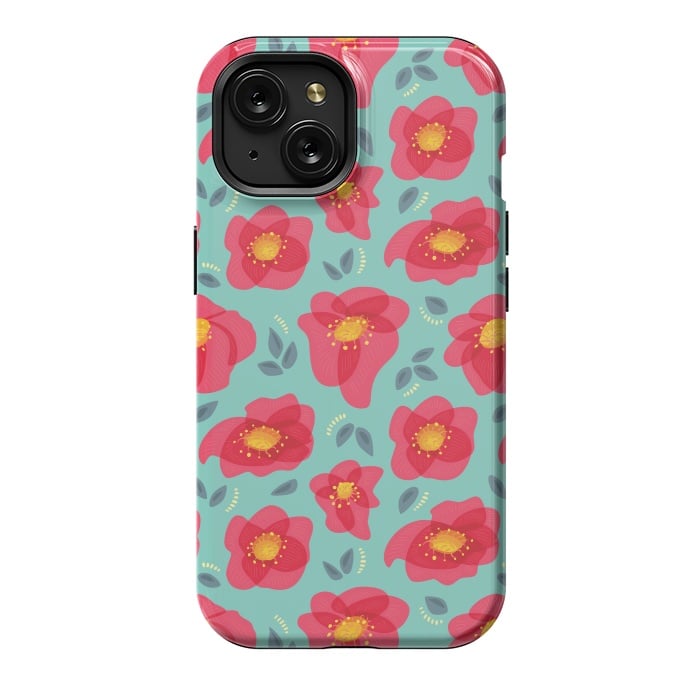 iPhone 15 StrongFit Pretty Flowers With Bright Pink Petals On Blue by Boriana Giormova