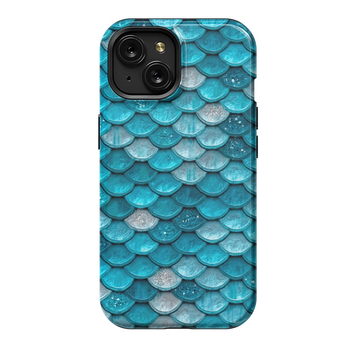 iPhone 15 StrongFit Blue Metal Mermaid Glitter Scales by  Utart