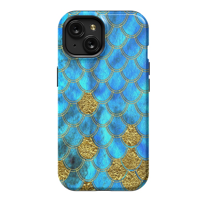 iPhone 15 StrongFit Blue and Gold Glitter Metal Mermaid Scales by  Utart