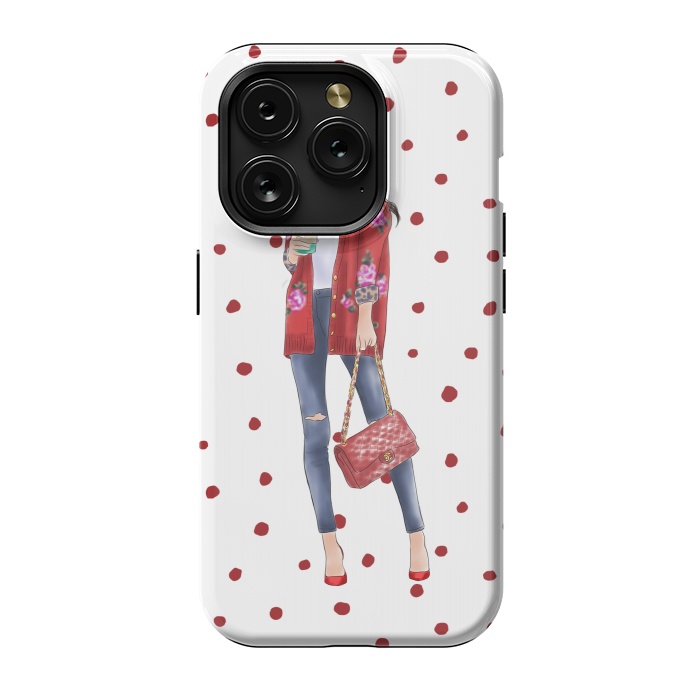iPhone 15 Pro StrongFit Coffee City Girl with Red Polka Dots by DaDo ART