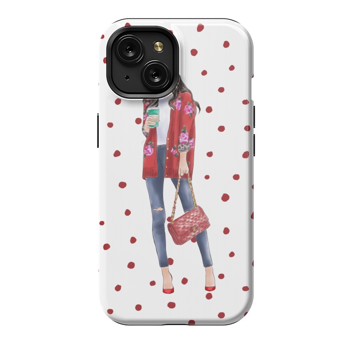 iPhone 15 StrongFit Coffee City Girl with Red Polka Dots by DaDo ART
