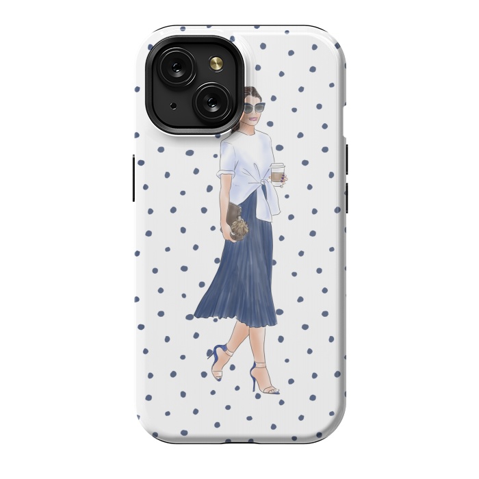 iPhone 15 StrongFit Fashion Coffee Girl with Blue Polka Dots by DaDo ART