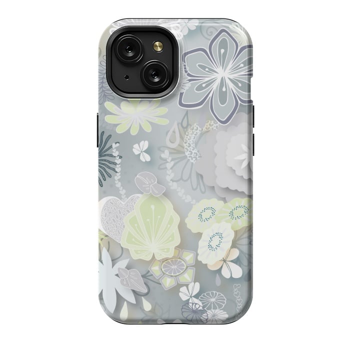 iPhone 15 StrongFit Paper-Cut Florals on Grey by Paula Ohreen