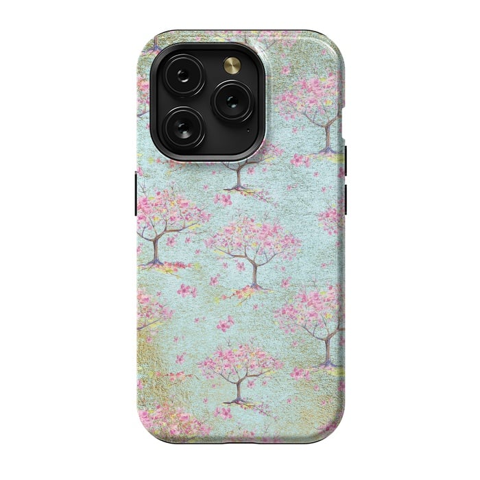 iPhone 15 Pro StrongFit Shiny Teal Spring Metal Cherry Blossom Tree Pattern by  Utart