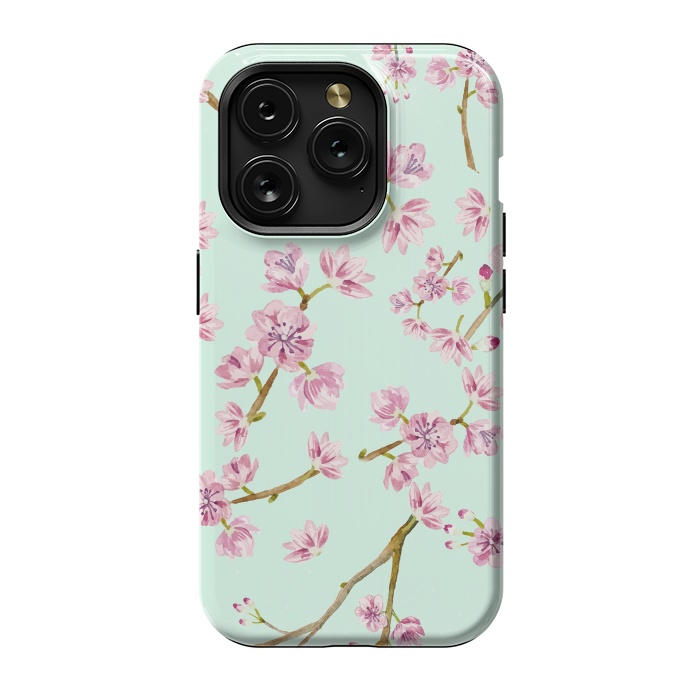 iPhone 15 Pro StrongFit Aqua Teal and Pink Cherry Blossom Branch Spring Pattern by  Utart