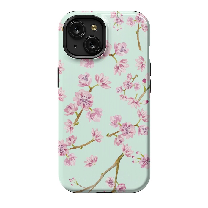 iPhone 15 StrongFit Aqua Teal and Pink Cherry Blossom Branch Spring Pattern by  Utart