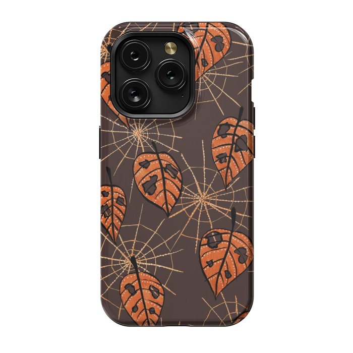 iPhone 15 Pro StrongFit Orange Leaves With Holes And Spiderwebs by Boriana Giormova