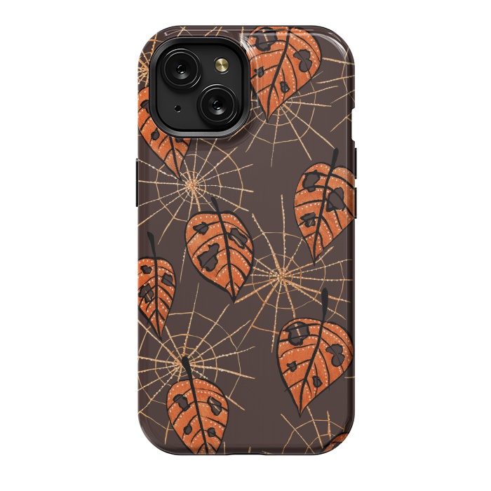 iPhone 15 StrongFit Orange Leaves With Holes And Spiderwebs by Boriana Giormova