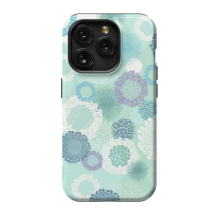 iPhone 15 Pro StrongFit Doily Flowers on Teal by Paula Ohreen