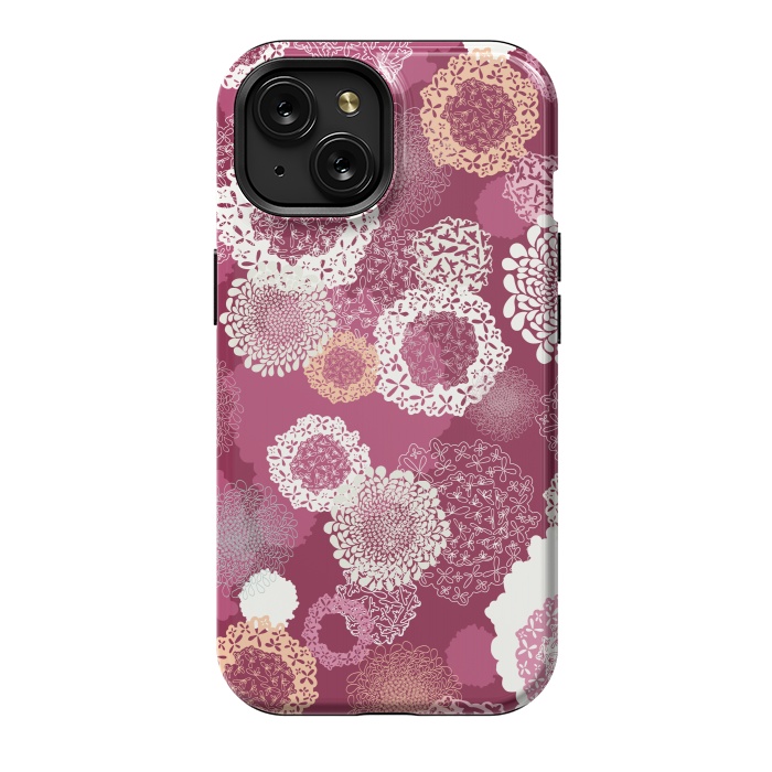 iPhone 15 StrongFit Doily Flowers on Dark Pink by Paula Ohreen