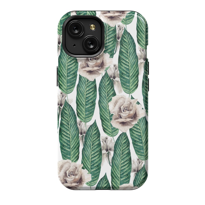 iPhone 15 StrongFit Tropical leaves and white roses by Mmartabc