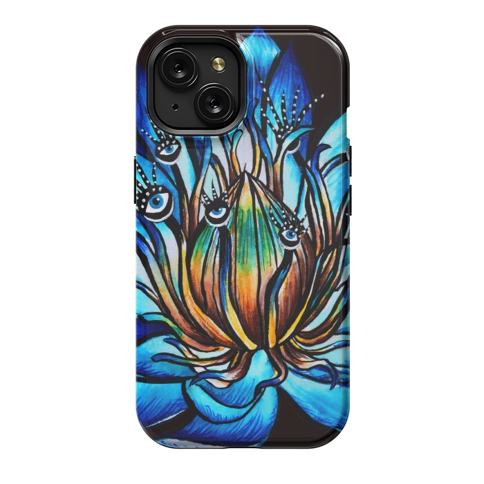 iPhone 15 StrongFit Bizarre Multi Eyed Blue Water Lily Flower Monster by Boriana Giormova