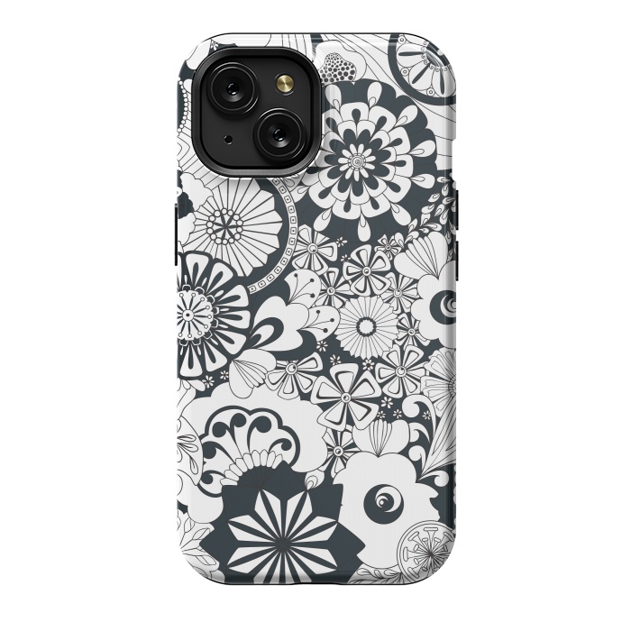 iPhone 15 StrongFit 70s Flowers - Navy and White by Paula Ohreen