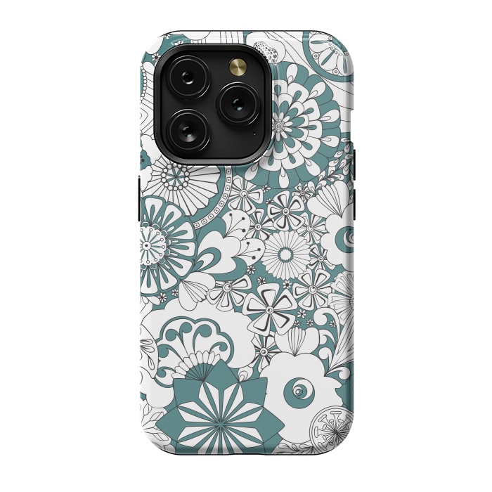 iPhone 15 Pro StrongFit 70s Flowers - Blue and White by Paula Ohreen