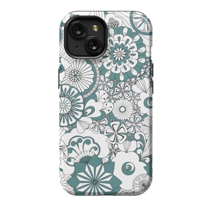 iPhone 15 StrongFit 70s Flowers - Blue and White by Paula Ohreen