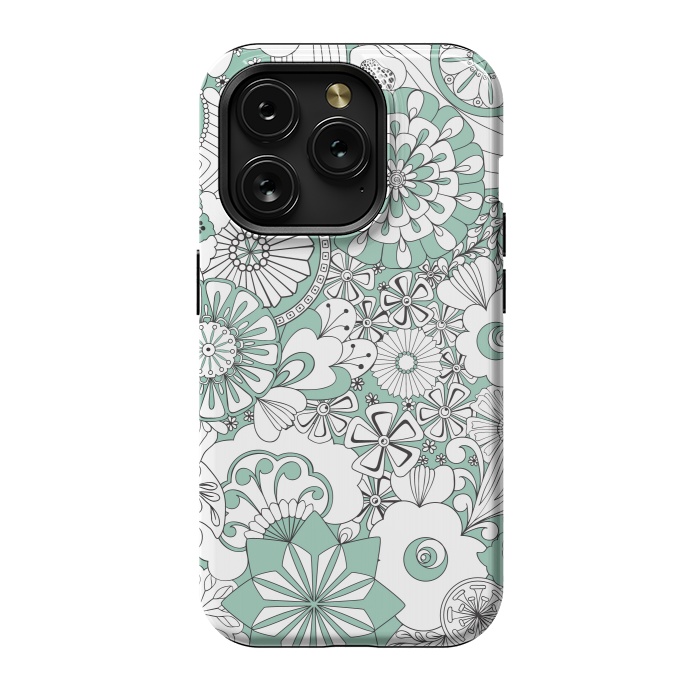 iPhone 15 Pro StrongFit 70s Flowers - Mint Green and White by Paula Ohreen