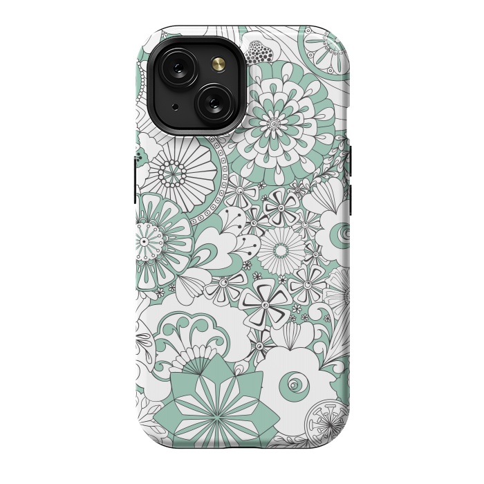 iPhone 15 StrongFit 70s Flowers - Mint Green and White by Paula Ohreen
